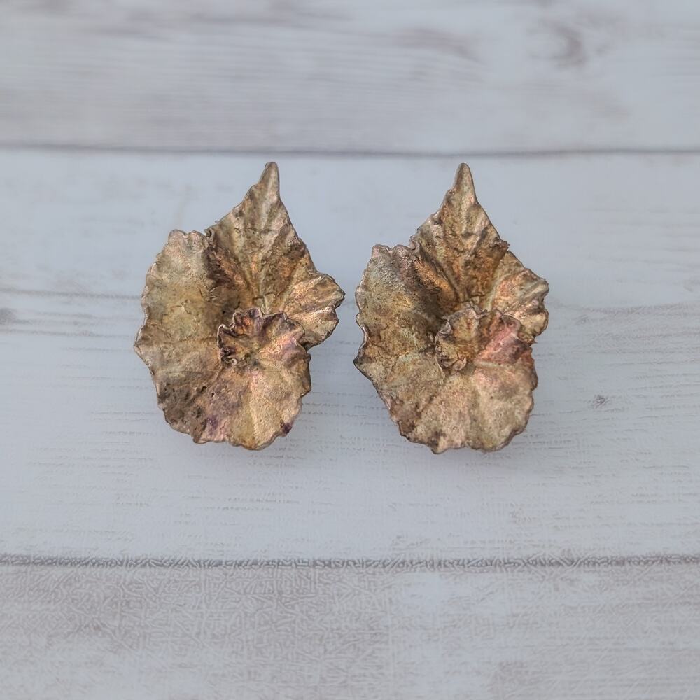 Vintage Clip On Earrings 1 & 1/8" Fall Tones Leaf Like - Tarnished?